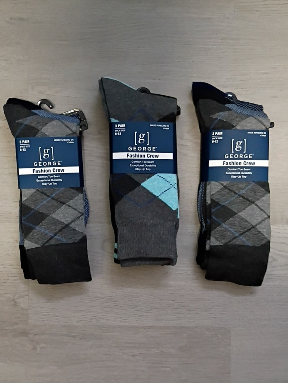 George Gray and Blue Argyle Fashion Crew Socks - 3 Pair